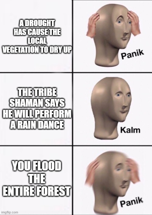 A DROUGHT HAS CAUSE THE LOCAL VEGETATION TO DRY UP; THE TRIBE SHAMAN SAYS HE WILL PERFORM A RAIN DANCE; YOU FLOOD THE ENTIRE FOREST | image tagged in classroom | made w/ Imgflip meme maker