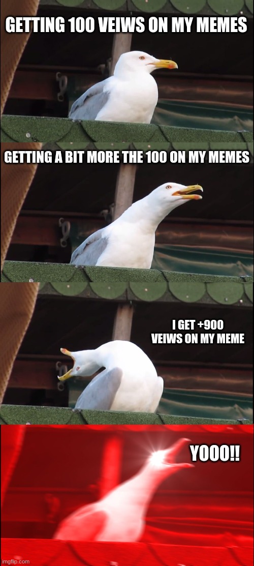 Thanks for +900 on my meme, appriciate it :D | GETTING 100 VEIWS ON MY MEMES; GETTING A BIT MORE THE 100 ON MY MEMES; I GET +900 VEIWS ON MY MEME; YOOO!! | image tagged in memes,inhaling seagull | made w/ Imgflip meme maker