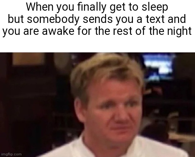 Yes | When you finally get to sleep but somebody sends you a text and you are awake for the rest of the night | image tagged in disgusted gordon ramsay | made w/ Imgflip meme maker