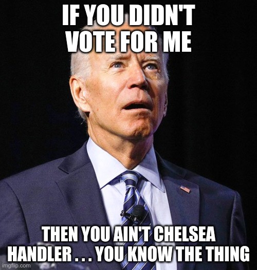 Joe Biden | IF YOU DIDN'T VOTE FOR ME; THEN YOU AIN'T CHELSEA HANDLER . . . YOU KNOW THE THING | image tagged in joe biden,election 2020,triggered liberal,chelsea handler | made w/ Imgflip meme maker
