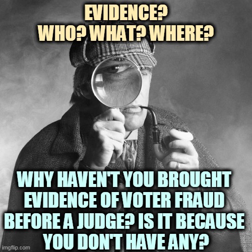 There is no widespread voter fraud. It's just another of Trump's lame alibis. | EVIDENCE?
WHO? WHAT? WHERE? WHY HAVEN'T YOU BROUGHT 
EVIDENCE OF VOTER FRAUD 
BEFORE A JUDGE? IS IT BECAUSE 
YOU DON'T HAVE ANY? | image tagged in sherlock holmes,trump,lame,excuses,weak,character | made w/ Imgflip meme maker