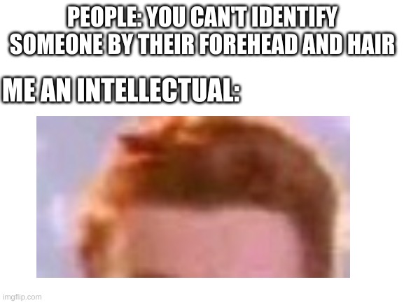 PEOPLE: YOU CAN'T IDENTIFY SOMEONE BY THEIR FOREHEAD AND HAIR; ME AN INTELLECTUAL: | made w/ Imgflip meme maker