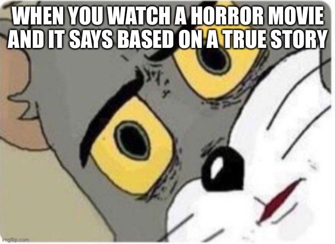 Tom and Jerry meme | WHEN YOU WATCH A HORROR MOVIE AND IT SAYS BASED ON A TRUE STORY | image tagged in tom and jerry meme | made w/ Imgflip meme maker