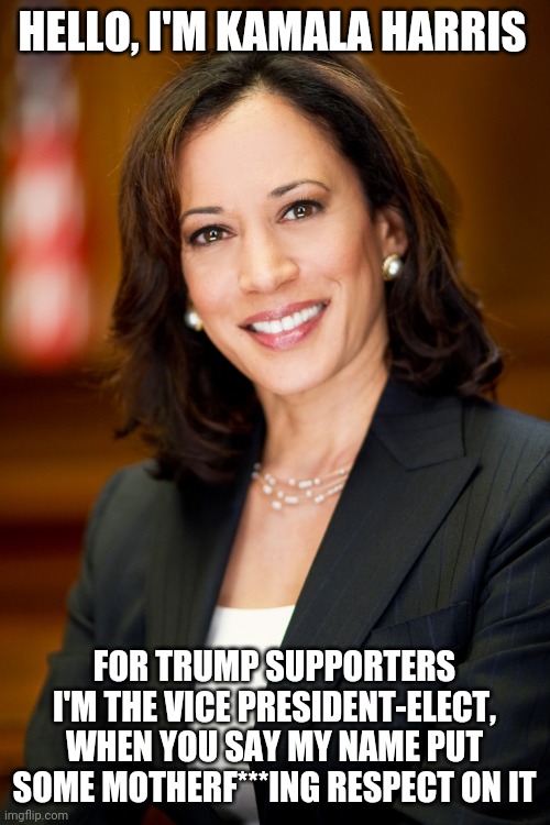 Kamala Harris | HELLO, I'M KAMALA HARRIS; FOR TRUMP SUPPORTERS I'M THE VICE PRESIDENT-ELECT, WHEN YOU SAY MY NAME PUT SOME MOTHERF***ING RESPECT ON IT | image tagged in kamala harris | made w/ Imgflip meme maker