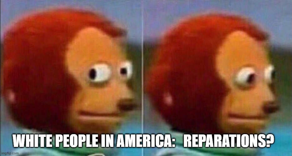 Monkey looking away | WHITE PEOPLE IN AMERICA:   REPARATIONS? | image tagged in monkey looking away | made w/ Imgflip meme maker