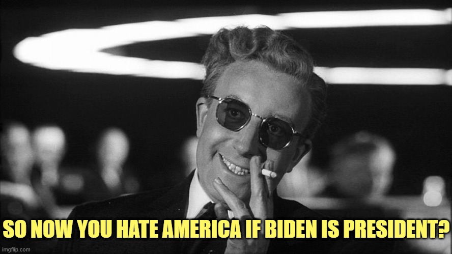Doctor Strangelove says... | SO NOW YOU HATE AMERICA IF BIDEN IS PRESIDENT? | image tagged in doctor strangelove says | made w/ Imgflip meme maker