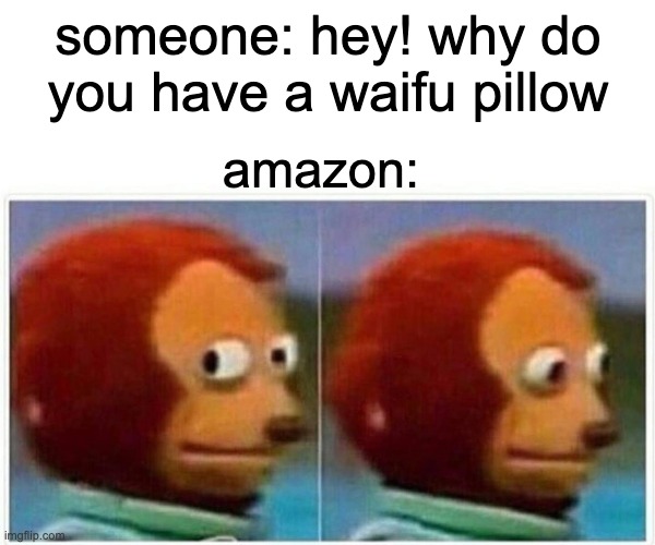 me | someone: hey! why do you have a waifu pillow; amazon: | image tagged in memes,monkey puppet | made w/ Imgflip meme maker