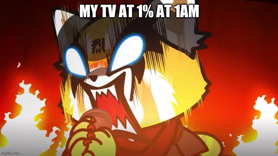 My tv at 1% at 1 am | MY TV AT 1% AT 1AM | image tagged in aggretsuko,netflix,tv,1am,meme,funny | made w/ Imgflip meme maker