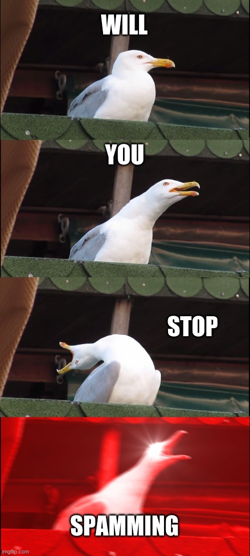 Inhaling Seagull | WILL; YOU; STOP; SPAMMING | image tagged in memes,inhaling seagull | made w/ Imgflip meme maker