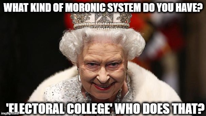 the queen | WHAT KIND OF MORONIC SYSTEM DO YOU HAVE? 'ELECTORAL COLLEGE' WHO DOES THAT? | image tagged in the queen | made w/ Imgflip meme maker