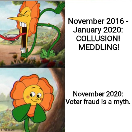 none so blind as those who will not see | November 2016 -
January 2020:
COLLUSION!  MEDDLING! November 2020:
Voter fraud is a myth. | image tagged in cuphead flower,2020 elections,voter fraud,election fraud | made w/ Imgflip meme maker