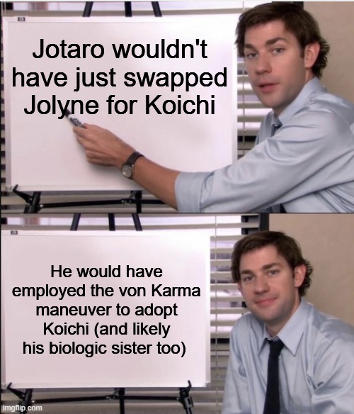 Jotaro is too smart to just swap | Jotaro wouldn't have just swapped Jolyne for Koichi; He would have employed the von Karma maneuver to adopt Koichi (and likely his biologic sister too) | image tagged in jim office board,jojo's bizarre adventure,jojo | made w/ Imgflip meme maker