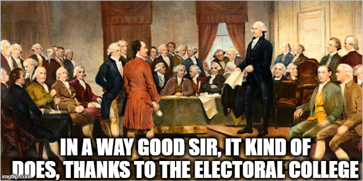electoral college | IN A WAY GOOD SIR, IT KIND OF DOES, THANKS TO THE ELECTORAL COLLEGE | image tagged in electoral college | made w/ Imgflip meme maker