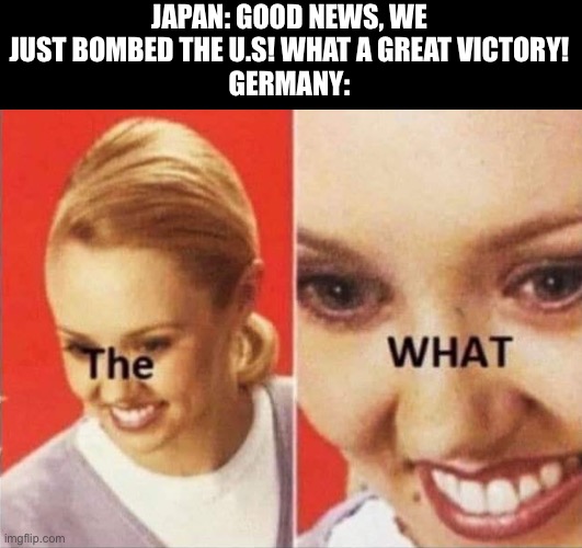 The.WHAT. | JAPAN: GOOD NEWS, WE JUST BOMBED THE U.S! WHAT A GREAT VICTORY!
GERMANY: | image tagged in funny,dark humor | made w/ Imgflip meme maker