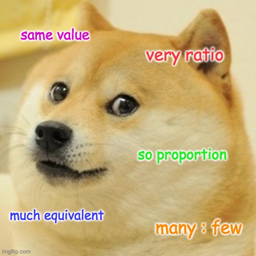Equivalent Ratio Doge |  same value; very ratio; so proportion; much equivalent; many : few | image tagged in memes,doge,math,ratios | made w/ Imgflip meme maker