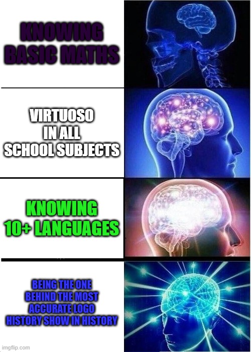 Shoutouts to CCG88! | KNOWING BASIC MATHS; VIRTUOSO IN ALL SCHOOL SUBJECTS; KNOWING 10+ LANGUAGES; BEING THE ONE BEHIND THE MOST ACCURATE LOGO HISTORY SHOW IN HISTORY | image tagged in memes,expanding brain | made w/ Imgflip meme maker
