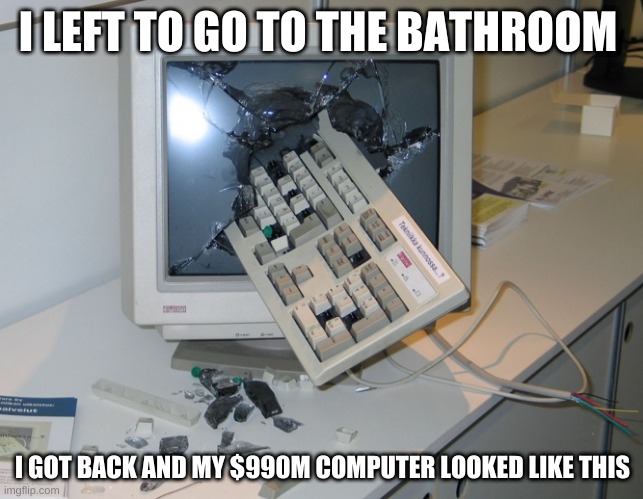 Smashed computer | I LEFT TO GO TO THE BATHROOM; I GOT BACK AND MY $990M COMPUTER LOOKED LIKE THIS | image tagged in smashed computer | made w/ Imgflip meme maker