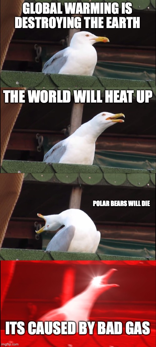 Inhaling Seagull Meme | GLOBAL WARMING IS DESTROYING THE EARTH; THE WORLD WILL HEAT UP; POLAR BEARS WILL DIE; ITS CAUSED BY BAD GAS | image tagged in memes,inhaling seagull | made w/ Imgflip meme maker