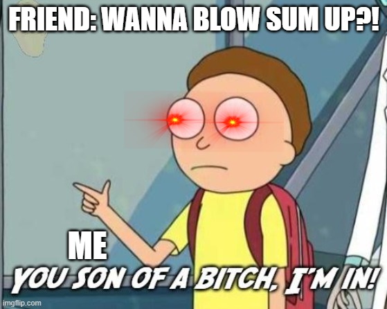 You son of a bitch, I'm in! |  FRIEND: WANNA BLOW SUM UP?! ME | image tagged in you son of a bitch i'm in | made w/ Imgflip meme maker