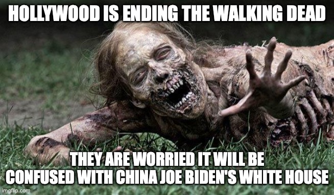 Walking Dead Zombie | HOLLYWOOD IS ENDING THE WALKING DEAD; THEY ARE WORRIED IT WILL BE CONFUSED WITH CHINA JOE BIDEN'S WHITE HOUSE | image tagged in walking dead zombie | made w/ Imgflip meme maker