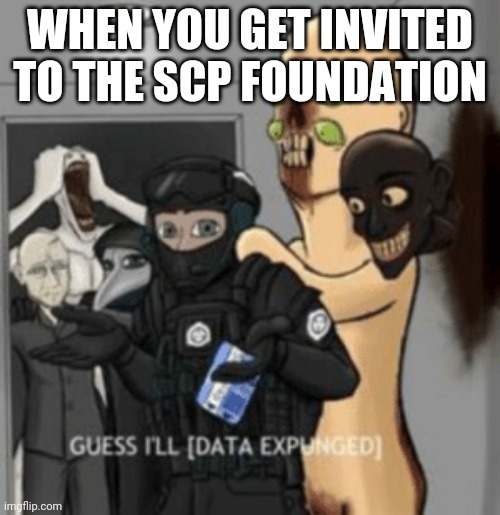 Just imagine having tea with them | WHEN YOU GET INVITED TO THE SCP FOUNDATION | image tagged in guess i'll data expunged | made w/ Imgflip meme maker