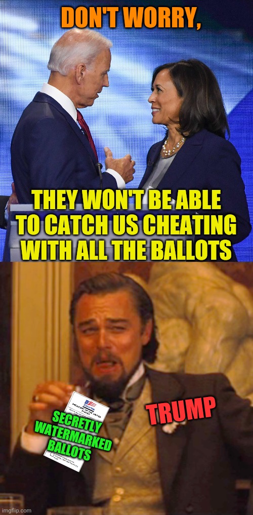 The Sting has begun! | DON'T WORRY, THEY WON'T BE ABLE TO CATCH US CHEATING WITH ALL THE BALLOTS; SECRETLY WATERMARKED BALLOTS; TRUMP | image tagged in laughing leo,cheating,democrats,joe biden,election 2020,president trump | made w/ Imgflip meme maker