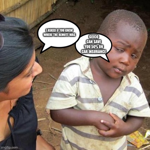 Third World Skeptical Kid Meme | GEICO CAN SAVE YOU 50% ON CAR INSURANCE; I ASKED IF YOU KNEW WHERE THE REMOTE WAS | image tagged in memes,third world skeptical kid | made w/ Imgflip meme maker