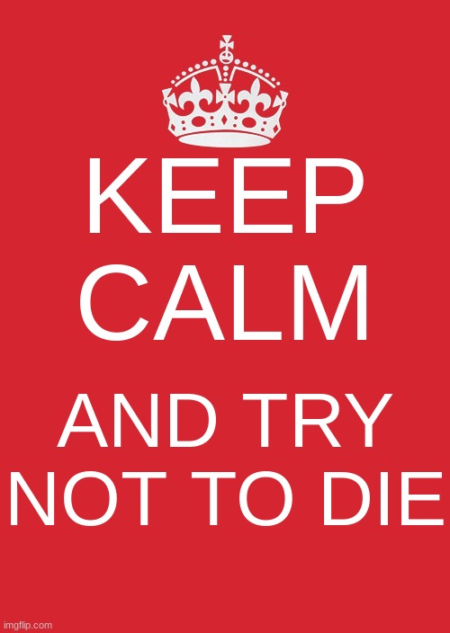 Keep Calm And Carry On Red Meme | KEEP CALM; AND TRY NOT TO DIE | image tagged in memes,keep calm and carry on red | made w/ Imgflip meme maker