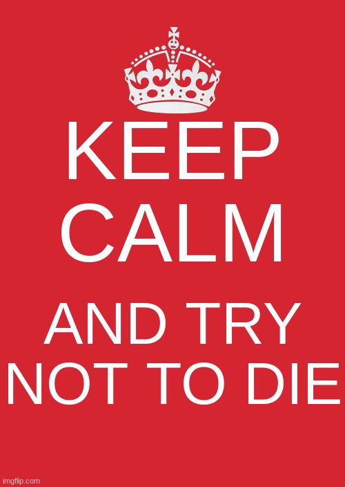 Keep Calm And Carry On Red | KEEP CALM; AND TRY NOT TO DIE | image tagged in memes,keep calm and carry on red | made w/ Imgflip meme maker