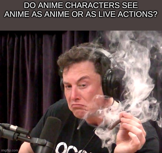 huh | DO ANIME CHARACTERS SEE ANIME AS ANIME OR AS LIVE ACTIONS? | image tagged in elon musk weed | made w/ Imgflip meme maker