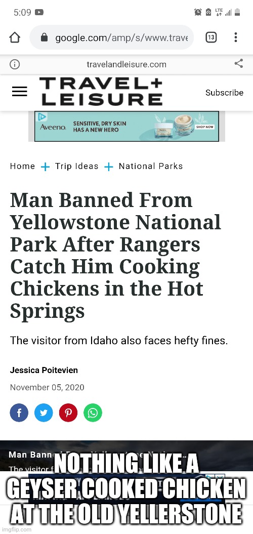 Yellowstone cooked chicken |  NOTHING LIKE A GEYSER COOKED CHICKEN AT THE OLD YELLERSTONE | image tagged in chicken,hot springs,yellowstone,geyser | made w/ Imgflip meme maker