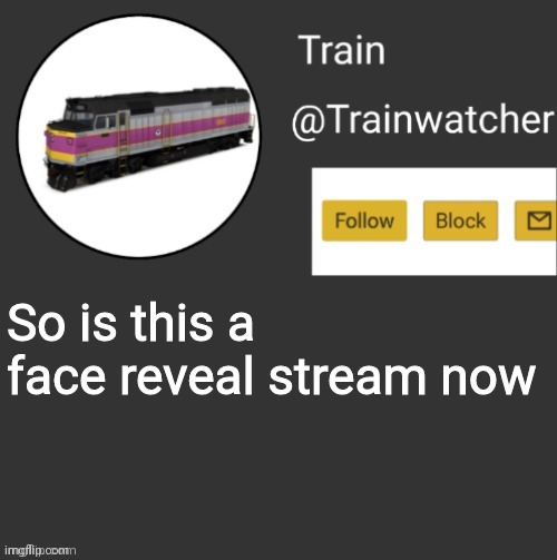 Trainwatcher Announcement | So is this a face reveal stream now | image tagged in trainwatcher announcement | made w/ Imgflip meme maker