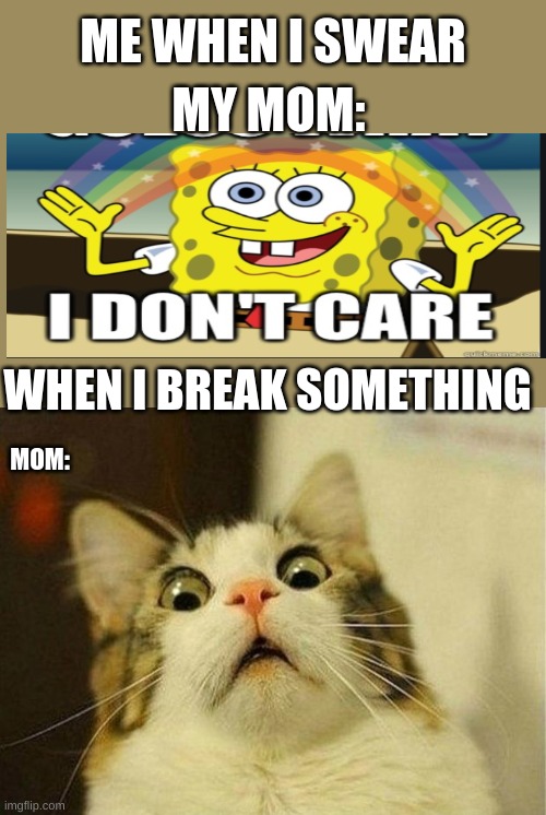 Scared Cat Meme | ME WHEN I SWEAR; MY MOM:; WHEN I BREAK SOMETHING; MOM: | image tagged in memes,scared cat | made w/ Imgflip meme maker