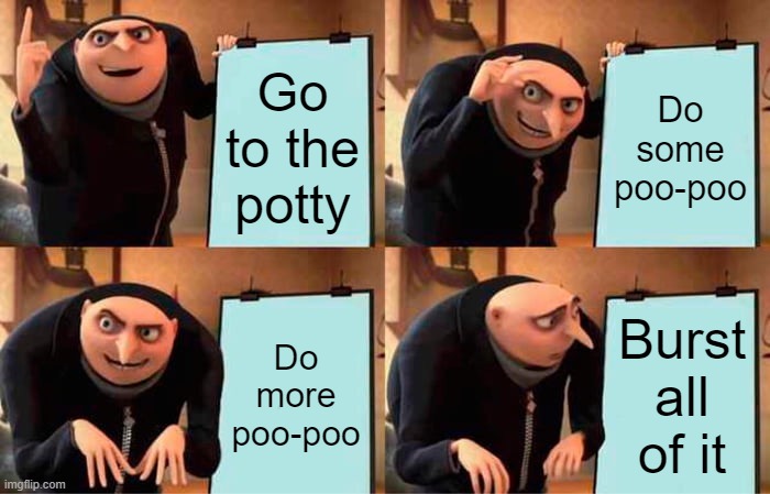 Gru Potty Meme | Go to the potty; Do some poo-poo; Do more poo-poo; Burst all of it | image tagged in memes,gru's plan | made w/ Imgflip meme maker