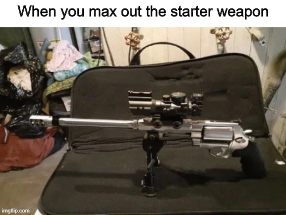 nice gun bro | When you max out the starter weapon | image tagged in gun,funny meme,shitpost | made w/ Imgflip meme maker