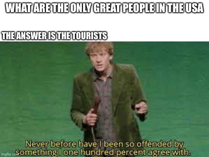 Never before have I been so offended by something I one hundred |  WHAT ARE THE ONLY GREAT PEOPLE IN THE USA; THE ANSWER IS THE TOURISTS | image tagged in never before have i been so offended by something i one hundred | made w/ Imgflip meme maker