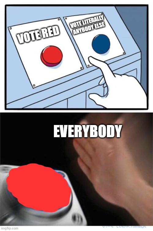 two buttons 1 blue | VOTE LITERALLY ANYBODY ELSE; VOTE RED; EVERYBODY | image tagged in two buttons 1 blue,among us,emergency meeting among us | made w/ Imgflip meme maker