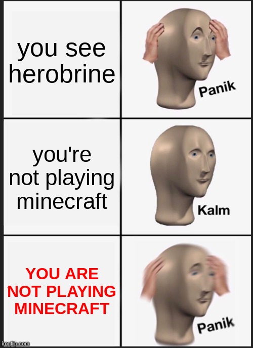 imagine this happening | you see herobrine; you're not playing minecraft; YOU ARE NOT PLAYING MINECRAFT | image tagged in memes,panik kalm panik | made w/ Imgflip meme maker