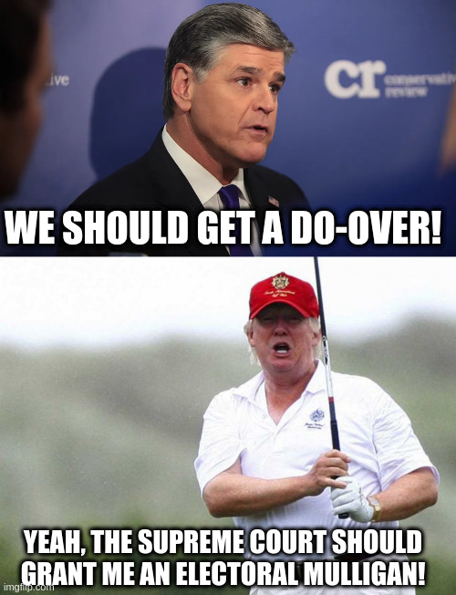 Technically that's not really allowed in Golf either... | WE SHOULD GET A DO-OVER! YEAH, THE SUPREME COURT SHOULD GRANT ME AN ELECTORAL MULLIGAN! | image tagged in trump golfing,sean hannity,do-over,election 2020,humor | made w/ Imgflip meme maker