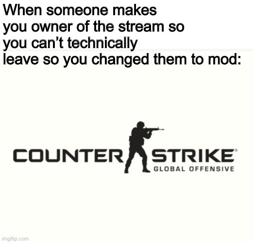 Ok, I’ll give you back owner, this was a joke | When someone makes you owner of the stream so you can’t technically leave so you changed them to mod: | image tagged in counter strike global offensive | made w/ Imgflip meme maker