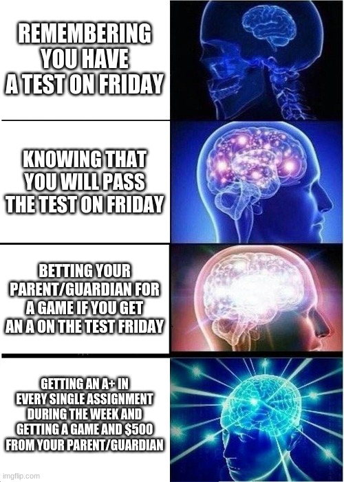 Expanding Brain Meme | REMEMBERING YOU HAVE A TEST ON FRIDAY; KNOWING THAT YOU WILL PASS THE TEST ON FRIDAY; BETTING YOUR PARENT/GUARDIAN FOR A GAME IF YOU GET AN A ON THE TEST FRIDAY; GETTING AN A+ IN EVERY SINGLE ASSIGNMENT DURING THE WEEK AND GETTING A GAME AND $500 FROM YOUR PARENT/GUARDIAN | image tagged in memes,expanding brain | made w/ Imgflip meme maker