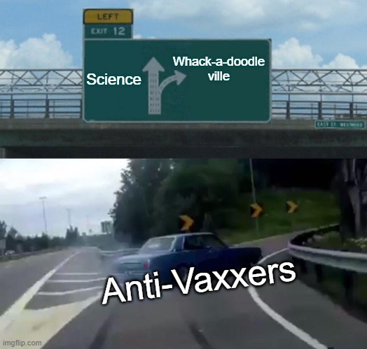We're going to Whack-a-doodleville! | Whack-a-doodle ville; Science; Anti-Vaxxers | image tagged in memes,left exit 12 off ramp,anti vax,science,whack a doodle | made w/ Imgflip meme maker