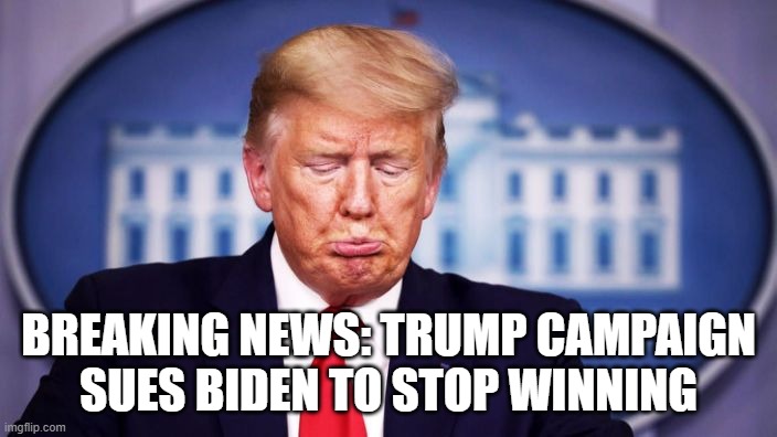 Somebody call a Wah-bulance | BREAKING NEWS: TRUMP CAMPAIGN SUES BIDEN TO STOP WINNING | image tagged in cry baby | made w/ Imgflip meme maker