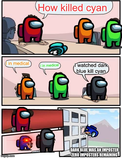 Boardroom Meeting Suggestion Meme | How killed cyan; I in medical; I in medical; I watched dark blue kill cyan; DARK BLUE WAS AN IMPOSTER ZERO IMPOSTERS REMAINING | image tagged in memes,boardroom meeting suggestion | made w/ Imgflip meme maker