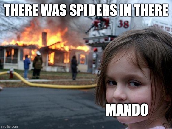 E | THERE WAS SPIDERS IN THERE; MANDO | image tagged in memes,disaster girl | made w/ Imgflip meme maker