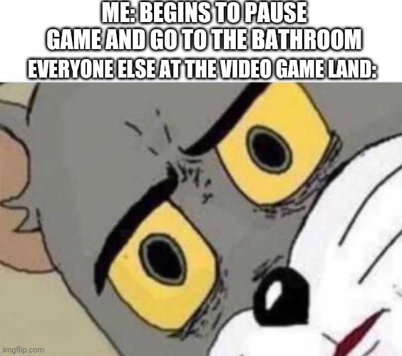 This is me right now |  ME: BEGINS TO PAUSE GAME AND GO TO THE BATHROOM; EVERYONE ELSE AT THE VIDEO GAME LAND: | image tagged in tom cat unsettled close up,video games,bathroom,pause | made w/ Imgflip meme maker