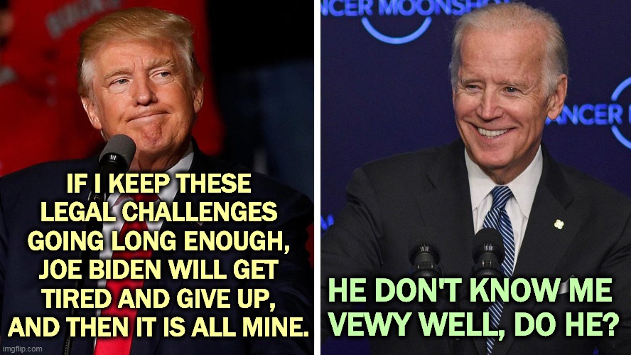 IF I KEEP THESE LEGAL CHALLENGES GOING LONG ENOUGH, JOE BIDEN WILL GET TIRED AND GIVE UP, AND THEN IT IS ALL MINE. HE DON'T KNOW ME 
VEWY WELL, DO HE? | image tagged in trump,phony,pointless,lawsuit,biden | made w/ Imgflip meme maker