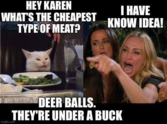 Rev. Cat | HEY KAREN WHAT'S THE CHEAPEST TYPE OF MEAT? I HAVE KNOW IDEA! DEER BALLS. THEY'RE UNDER A BUCK | image tagged in reverse cat at dinner table | made w/ Imgflip meme maker