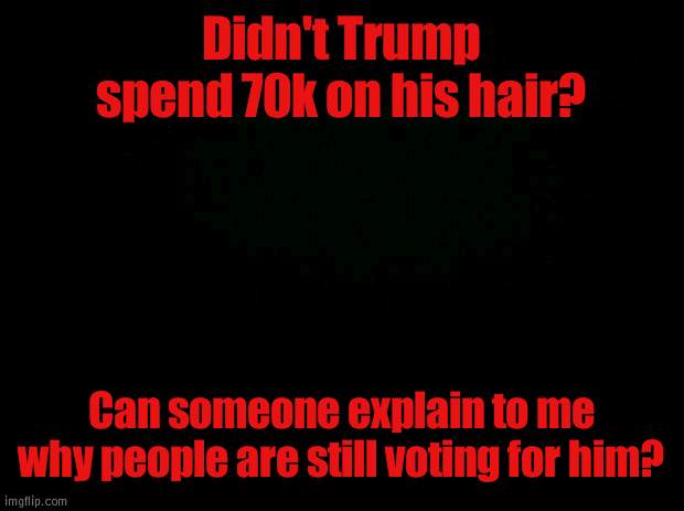 I think I will stick with Biden for now? | Didn't Trump spend 70k on his hair? Can someone explain to me why people are still voting for him? | image tagged in black background | made w/ Imgflip meme maker
