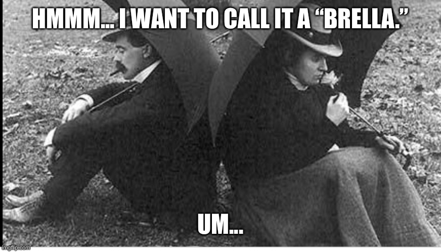 The inventors hesitating over what to name their invention. | HMMM... I WANT TO CALL IT A “BRELLA.”; UM... | image tagged in umbrella | made w/ Imgflip meme maker